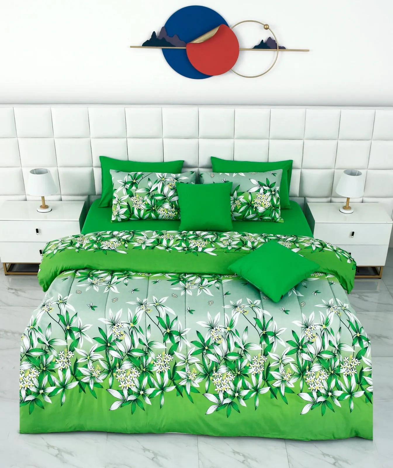 8 PCs Winter Comforter Set-15012Green Gold(With Dyed FittedSheet)