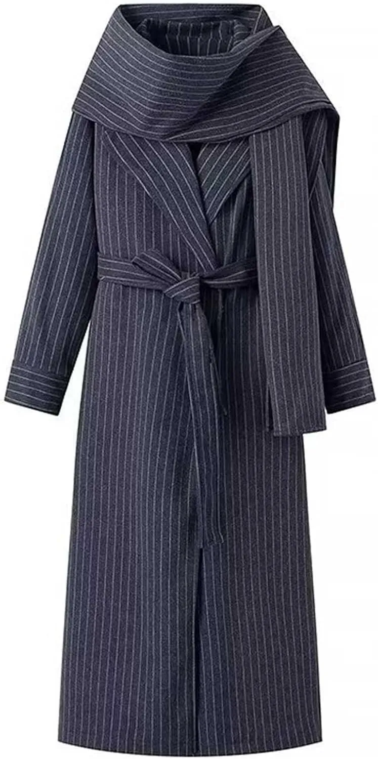 Akklian Winter Coats for Women Fashion Premium Striped Trench Coat with Scarf 2024 Casual Wool Blend Belted Jacket Outerwear