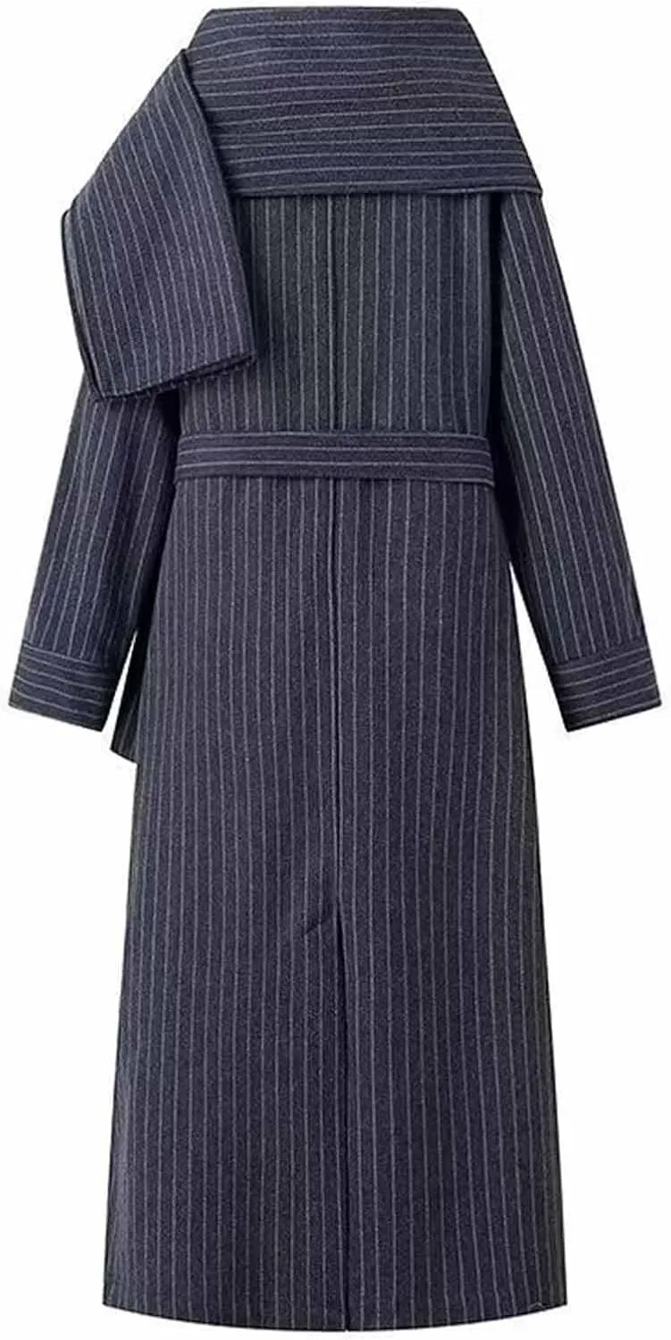 Akklian Winter Coats for Women Fashion Premium Striped Trench Coat with Scarf 2024 Casual Wool Blend Belted Jacket Outerwear