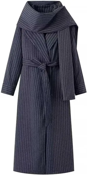 Akklian Winter Coats for Women Fashion Premium Striped Trench Coat with Scarf 2024 Casual Wool Blend Belted Jacket Outerwear