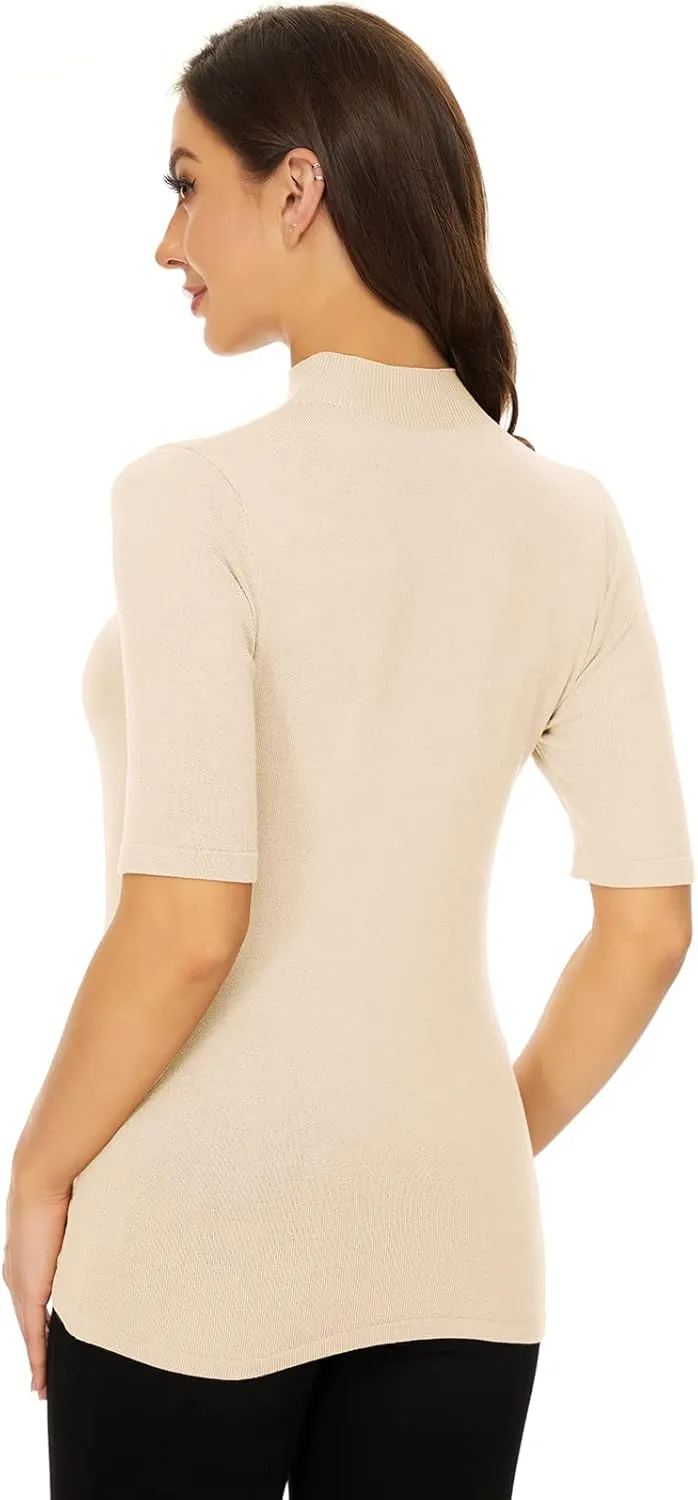 Anbenser Women’s Short Sleeve Mock Pullover Sweater Knit Jersey Top Slim Fit