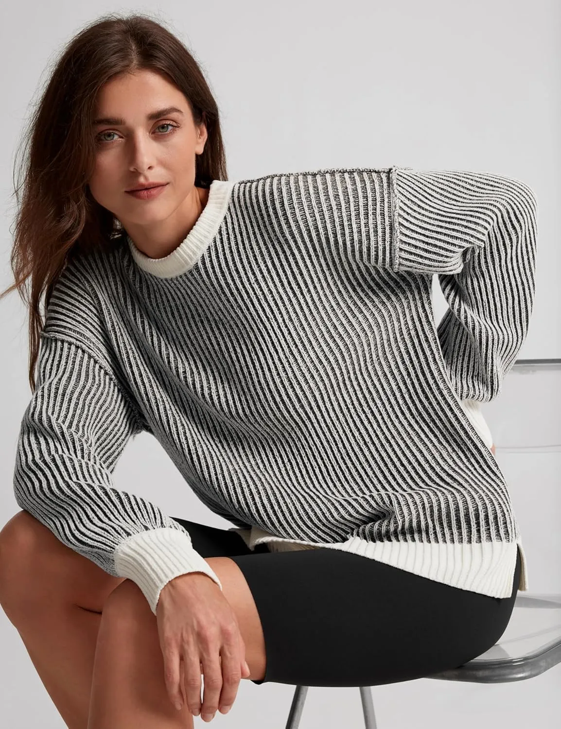 Beyond Chenille Sweater for Women 2024 Winter Crew Neck Pullover Sweater Color Block Knit Tops