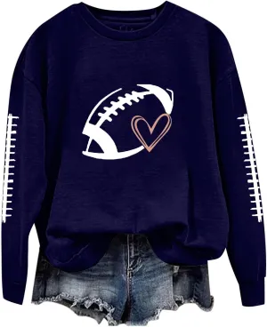 Casual Football Season Shirt Ladies' Round Neck Long Sleeved Printed Solid Long Sleeve Game Day