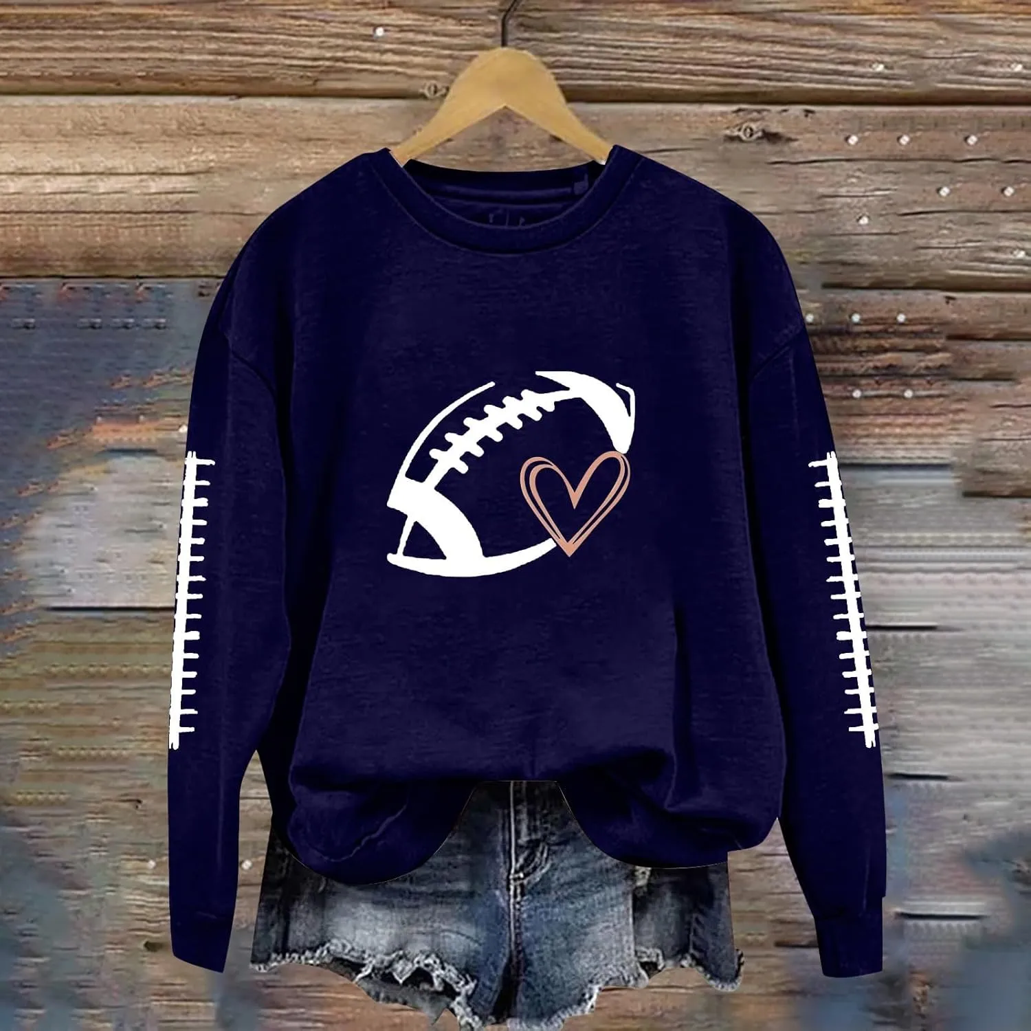 Casual Football Season Shirt Ladies' Round Neck Long Sleeved Printed Solid Long Sleeve Game Day