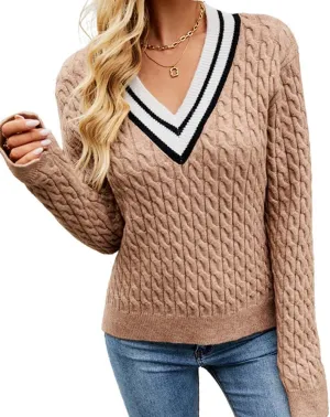CHARTOU Women's Fall Cable Knit Striped V Neck Long Sleeve Knit Pullover Sweater Top