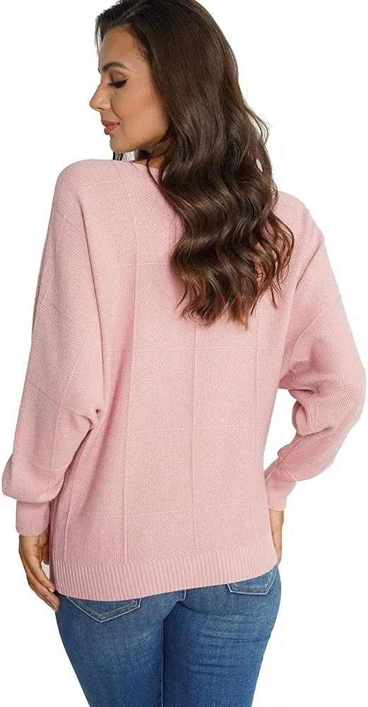 Ckikiou Women Cute Spring Fall Boatneck Batwing Soft Knitted Sweater for Women Casual Loose Long Sleeve Ribbed Pullover Top