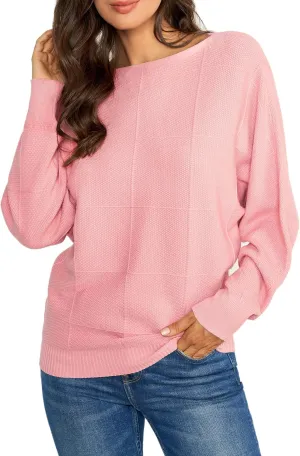 Ckikiou Women Cute Spring Fall Boatneck Batwing Soft Knitted Sweater for Women Casual Loose Long Sleeve Ribbed Pullover Top