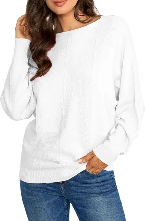 Ckikiou Women Cute Spring Fall Boatneck Batwing Soft Knitted Sweater for Women Casual Loose Long Sleeve Ribbed Pullover Top