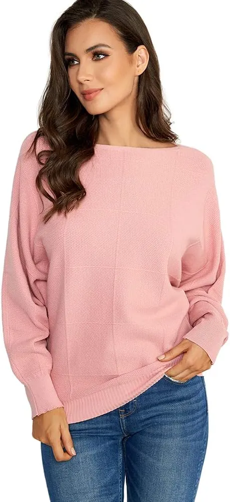 Ckikiou Women Cute Spring Fall Boatneck Batwing Soft Knitted Sweater for Women Casual Loose Long Sleeve Ribbed Pullover Top