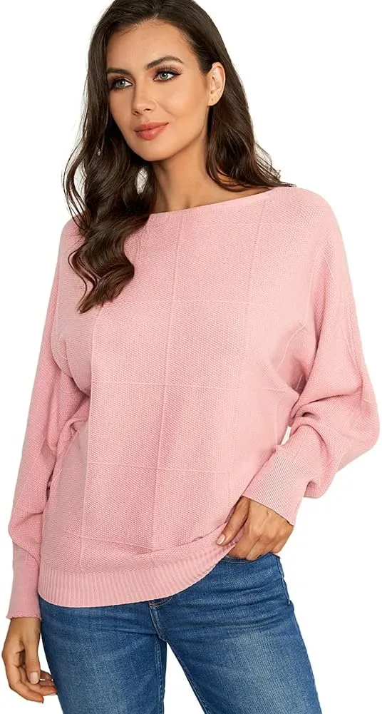 Ckikiou Women Cute Spring Fall Boatneck Batwing Soft Knitted Sweater for Women Casual Loose Long Sleeve Ribbed Pullover Top