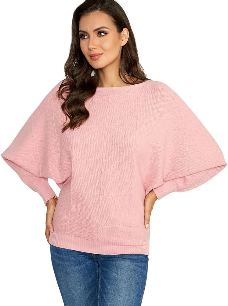 Ckikiou Women Cute Spring Fall Boatneck Batwing Soft Knitted Sweater for Women Casual Loose Long Sleeve Ribbed Pullover Top