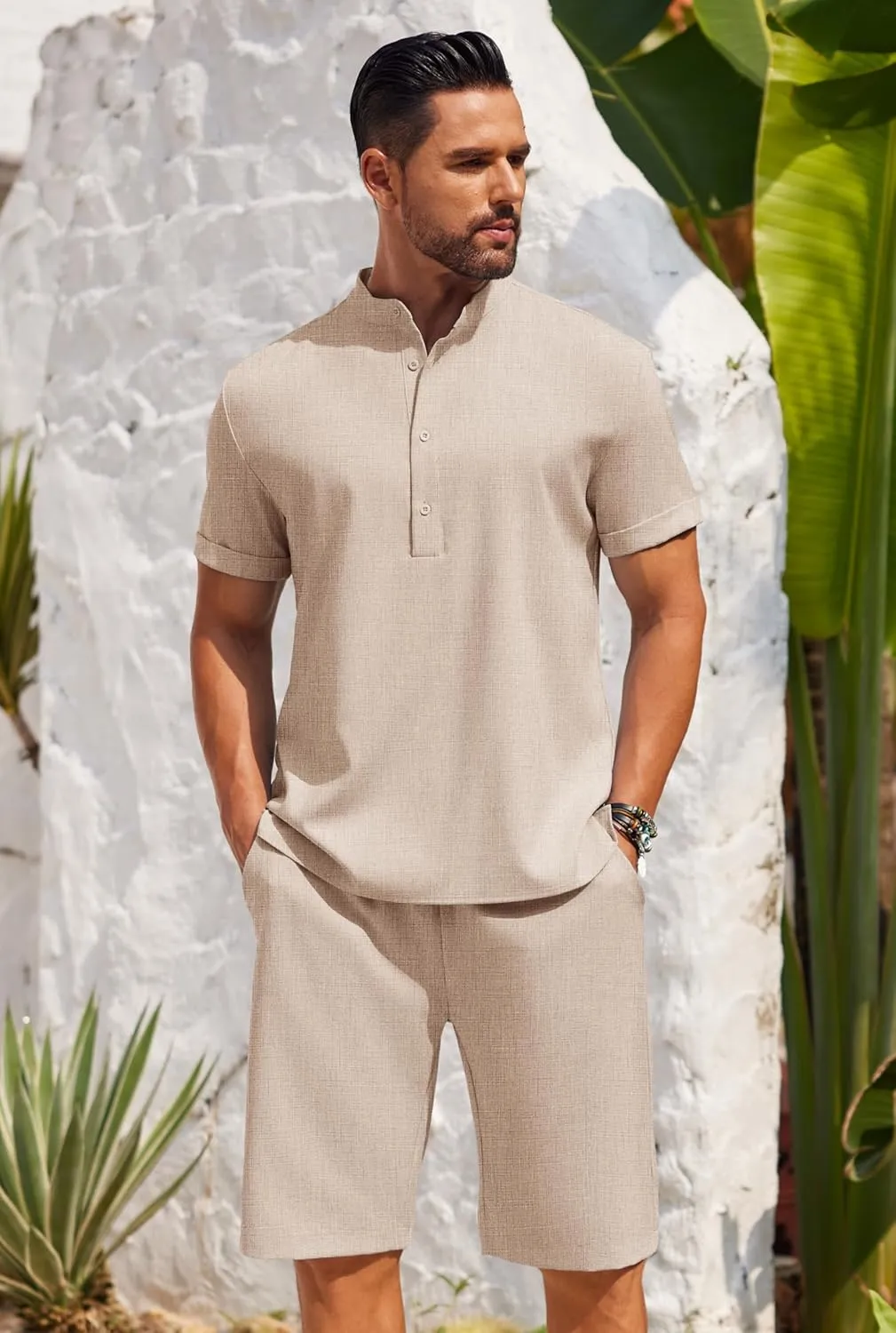 COOFANDY Men's 2 Pieces Set Short Sleeve Henley Shirts and Shorts Pants Texture Summer Beach Vacation Outfits