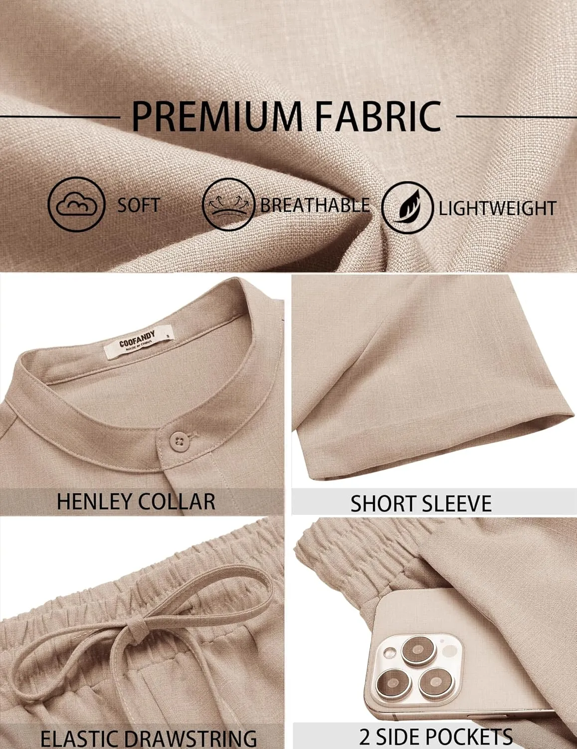 COOFANDY Men's 2 Pieces Set Short Sleeve Henley Shirts and Shorts Pants Texture Summer Beach Vacation Outfits