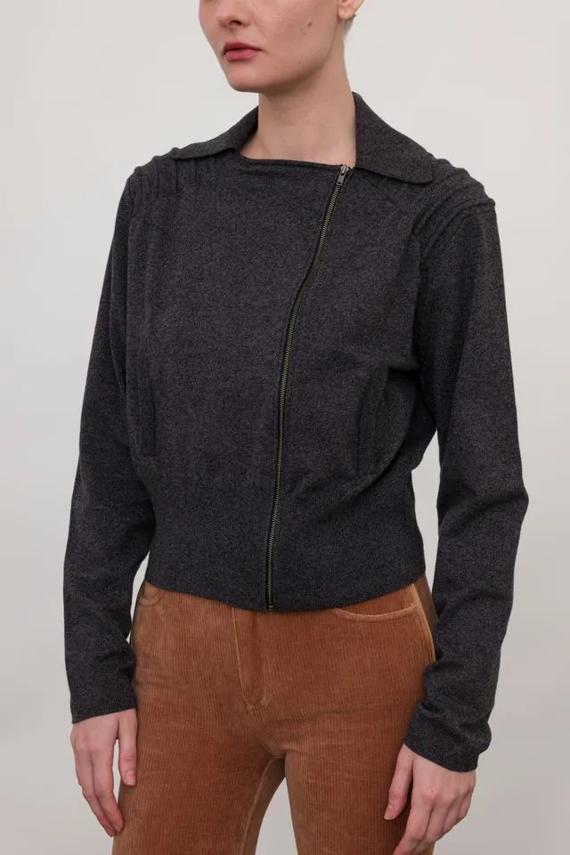 Cotton Sweater Moto Jacket with Shoulder Detail - ANTHEA FA24
