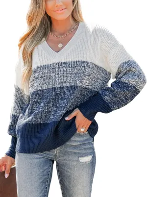 CUPSHE Women Sweater Striped V-Neck Tops Long Drop Sleeve Pullover Casual