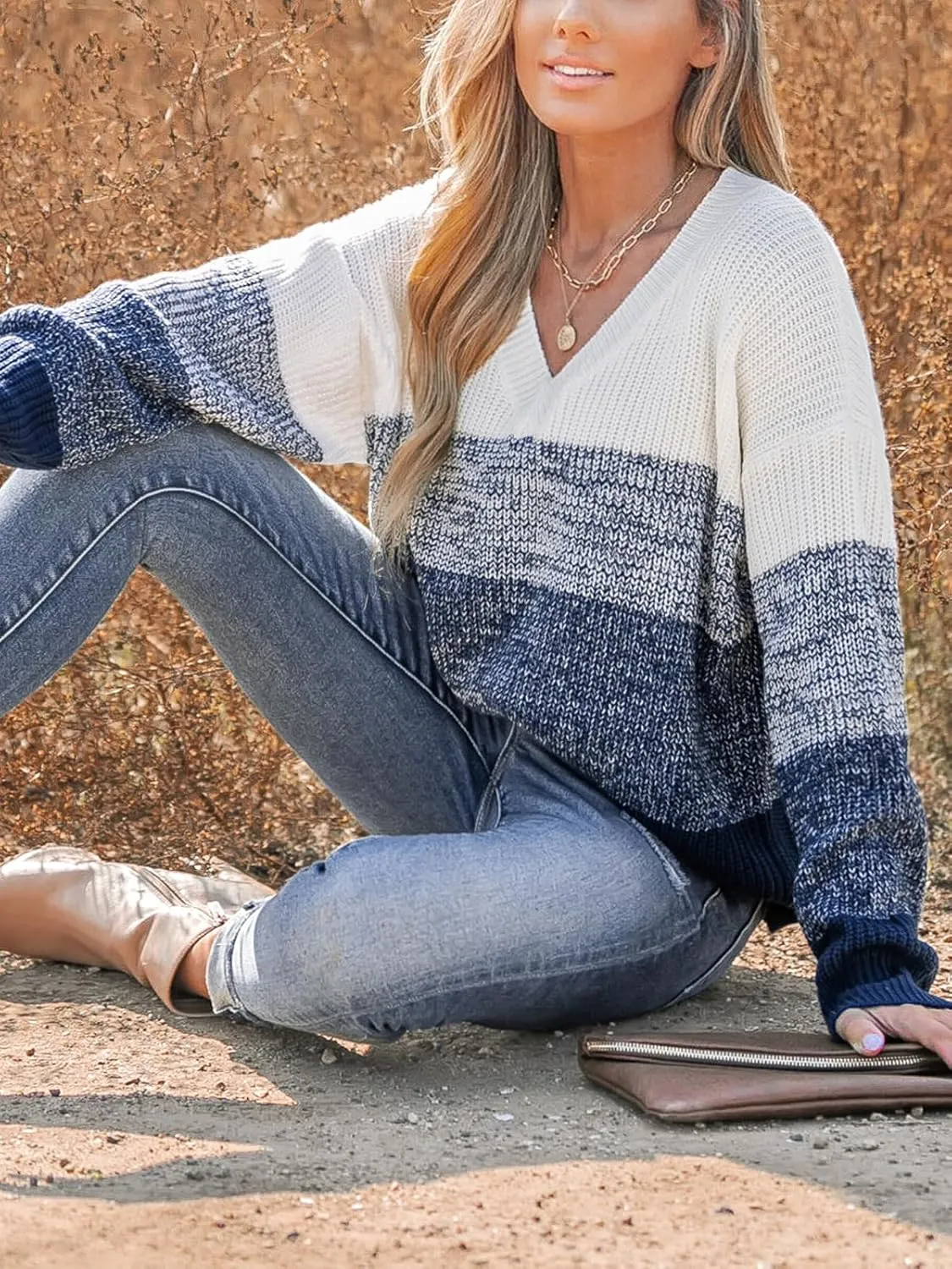 CUPSHE Women Sweater Striped V-Neck Tops Long Drop Sleeve Pullover Casual