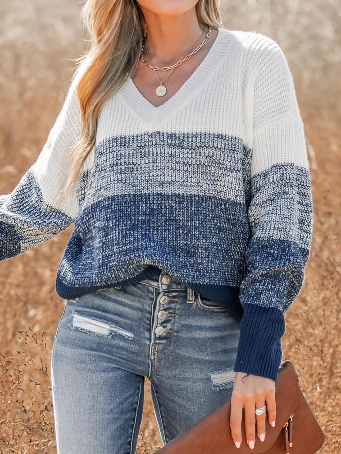 CUPSHE Women Sweater Striped V-Neck Tops Long Drop Sleeve Pullover Casual