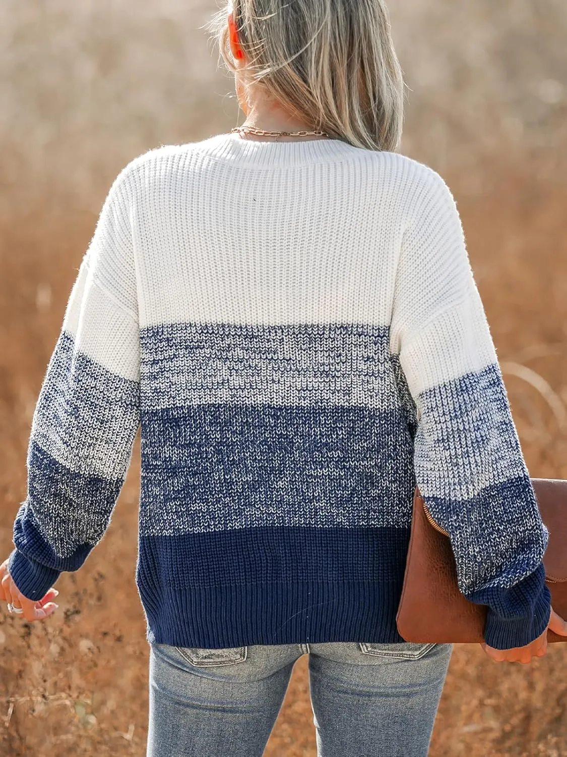 CUPSHE Women Sweater Striped V-Neck Tops Long Drop Sleeve Pullover Casual