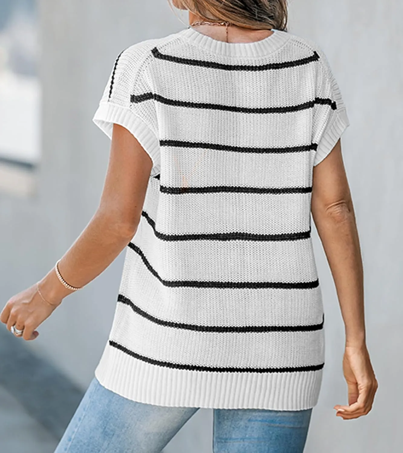 CUPSHE Womens Cap Sleeve Knit Sweater Top 2024 Striped Crew Neck Sweater Vest Casual Pullover Tops