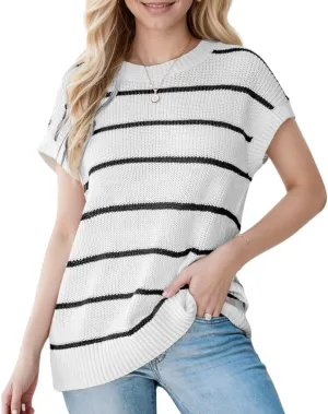 CUPSHE Womens Cap Sleeve Knit Sweater Top 2024 Striped Crew Neck Sweater Vest Casual Pullover Tops