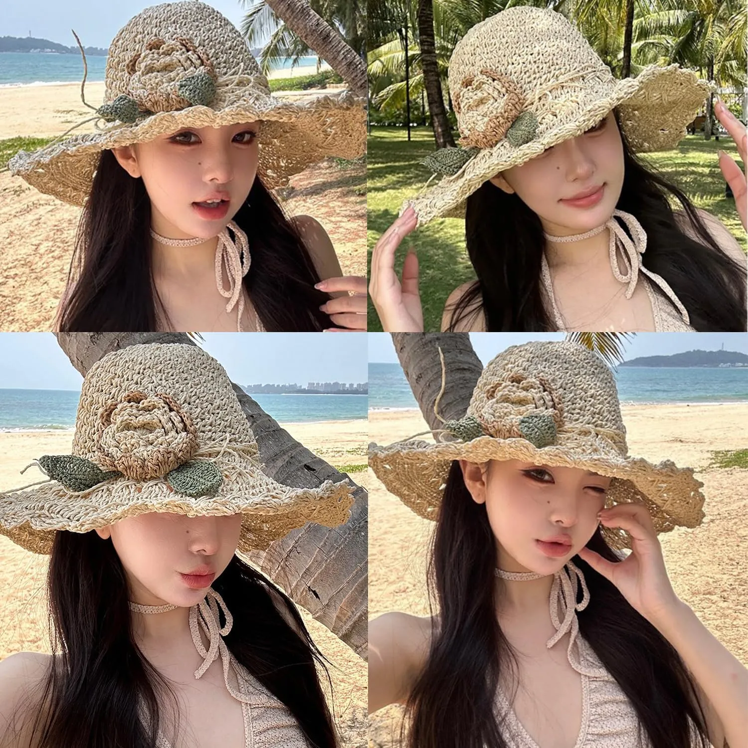 Elegant Crochet Straw Hat with Ruffle Detail, Foldable Womens Summer Beach Straw Cap, UV Protection Wide Brim Sun Hat