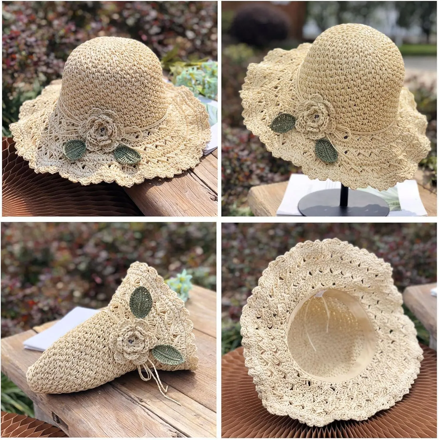 Elegant Crochet Straw Hat with Ruffle Detail, Foldable Womens Summer Beach Straw Cap, UV Protection Wide Brim Sun Hat