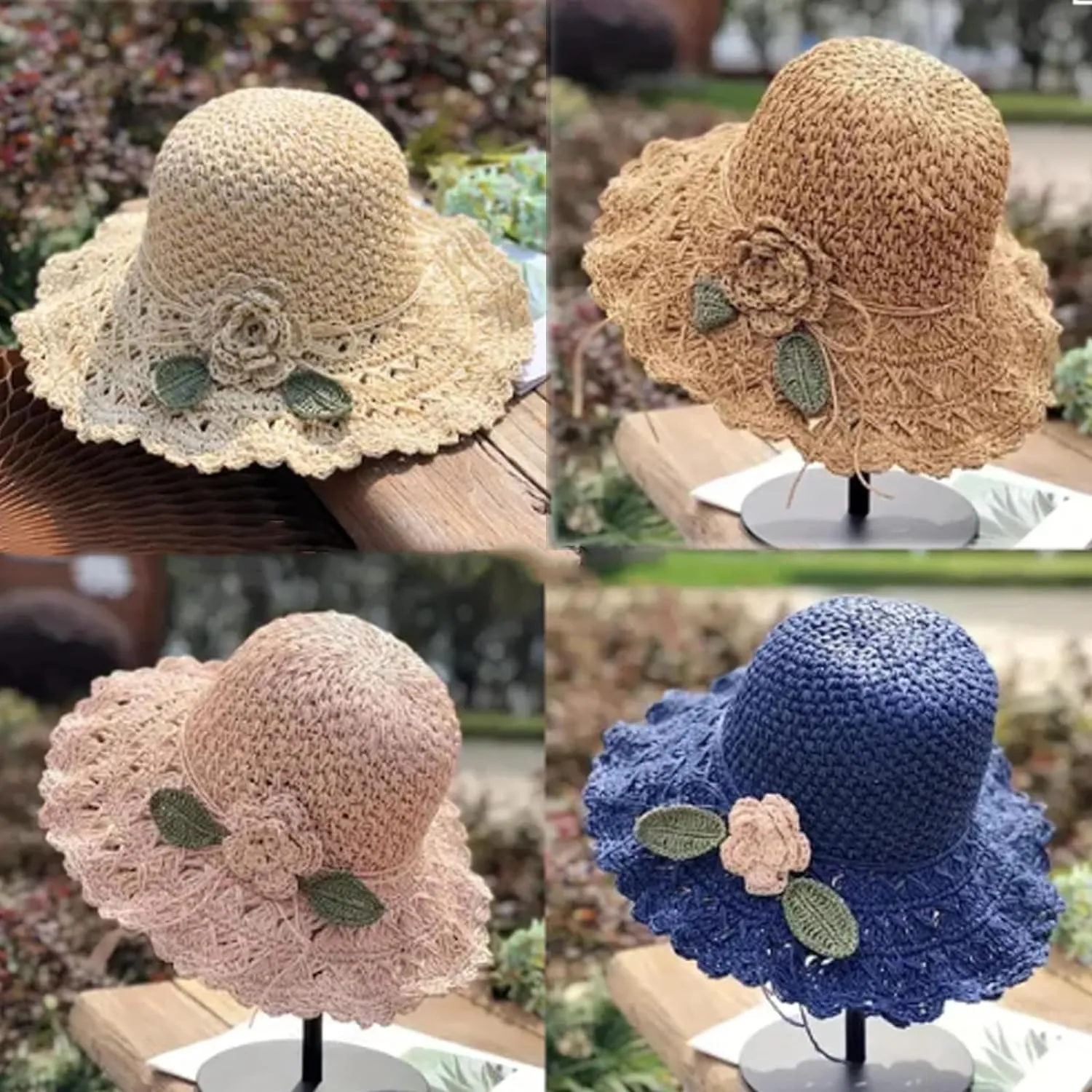 Elegant Crochet Straw Hat with Ruffle Detail, Foldable Womens Summer Beach Straw Cap, UV Protection Wide Brim Sun Hat