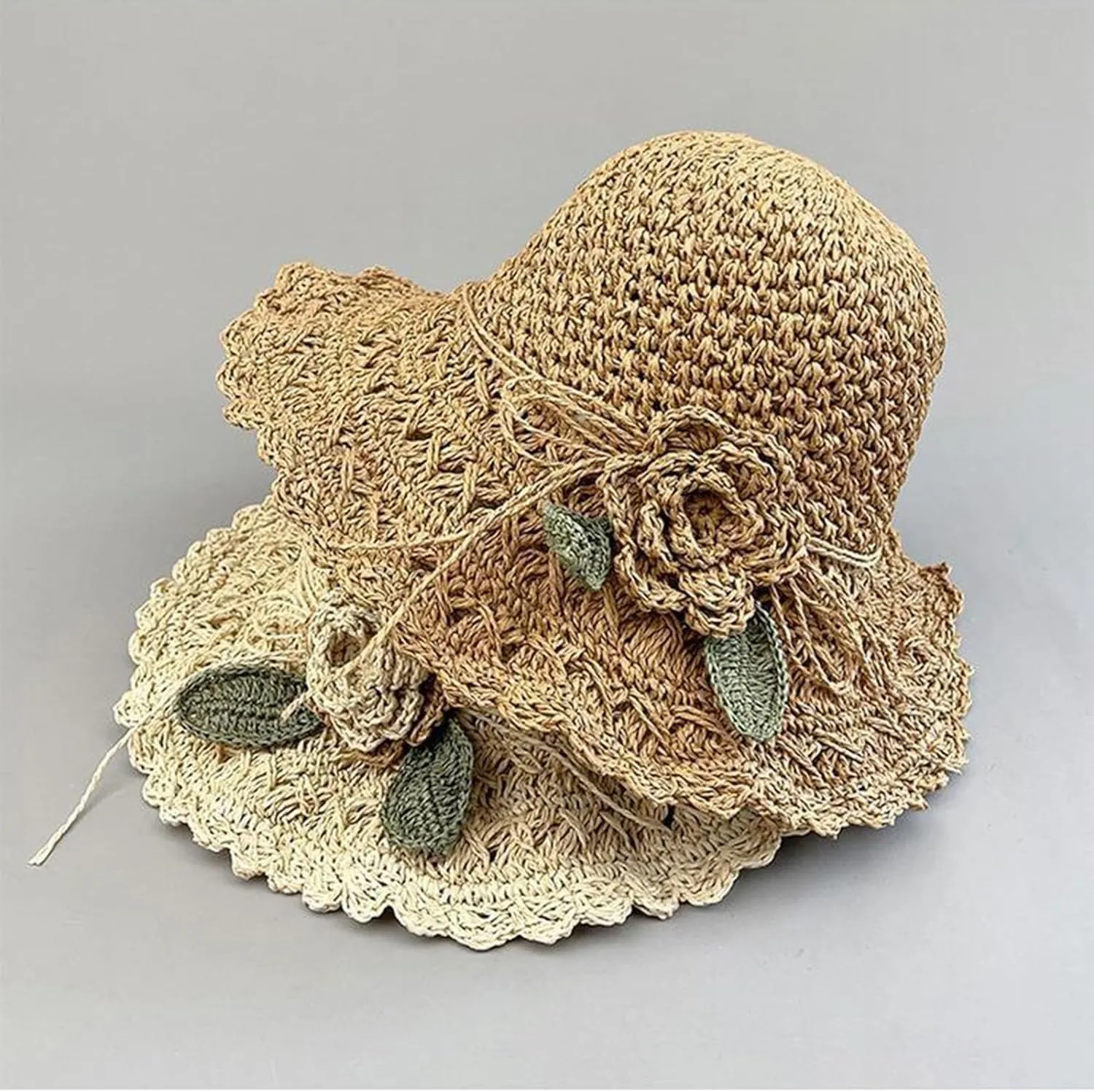 Elegant Crochet Straw Hat with Ruffle Detail, Foldable Womens Summer Beach Straw Cap, UV Protection Wide Brim Sun Hat