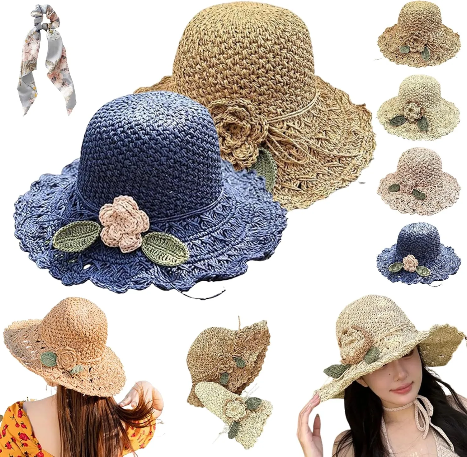 Elegant Crochet Straw Hat with Ruffle Detail, Foldable Womens Summer Beach Straw Cap, UV Protection Wide Brim Sun Hat