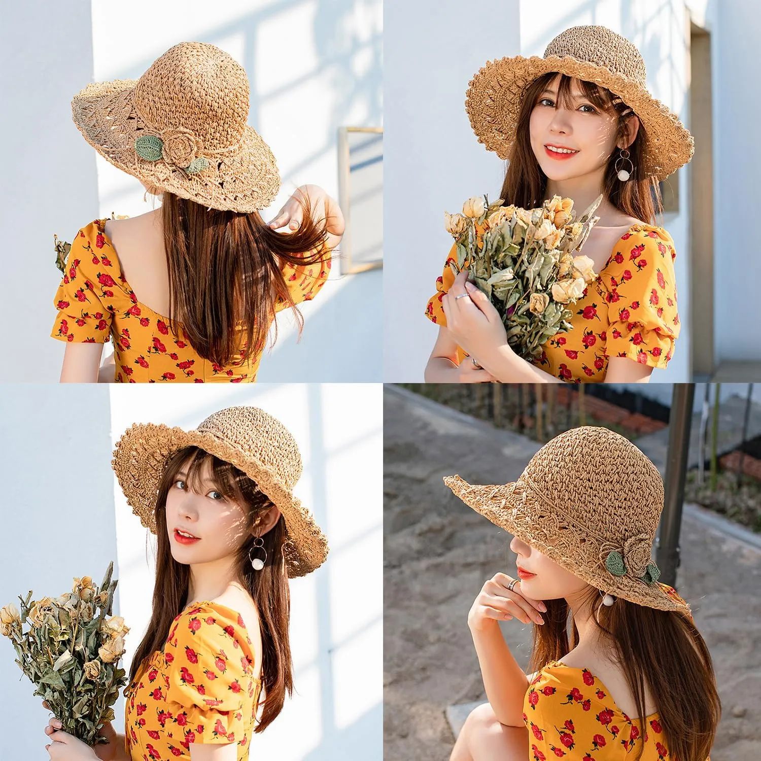 Elegant Crochet Straw Hat with Ruffle Detail, Foldable Womens Summer Beach Straw Cap, UV Protection Wide Brim Sun Hat