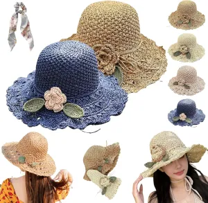 Elegant Crochet Straw Hat with Ruffle Detail, Foldable Womens Summer Beach Straw Cap, UV Protection Wide Brim Sun Hat