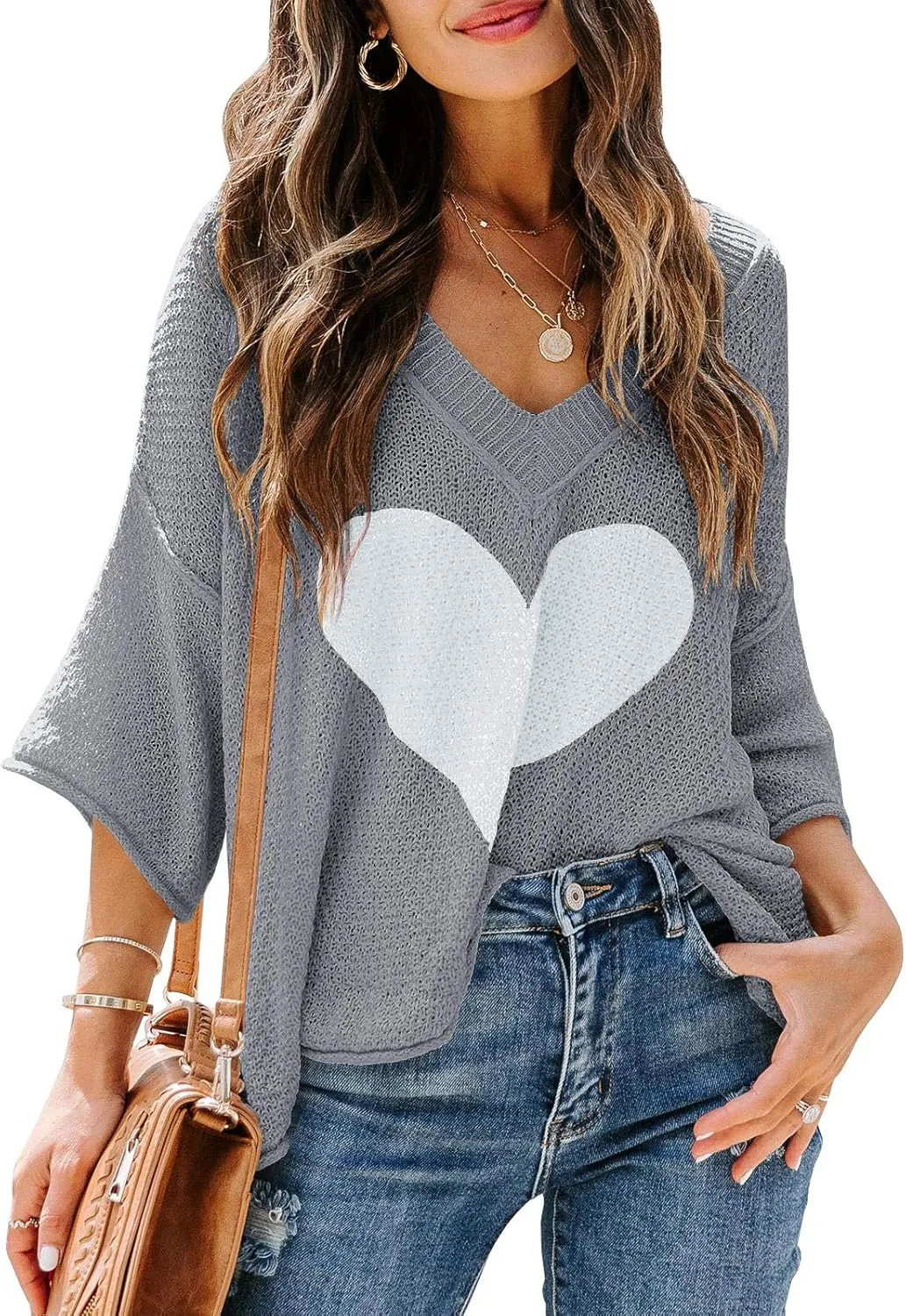 Ermonn Womens Cute Heart Sweater V Neck Crochet Knit Off Shoulder 3/4 Sleeve Pullover Tops Shirts
