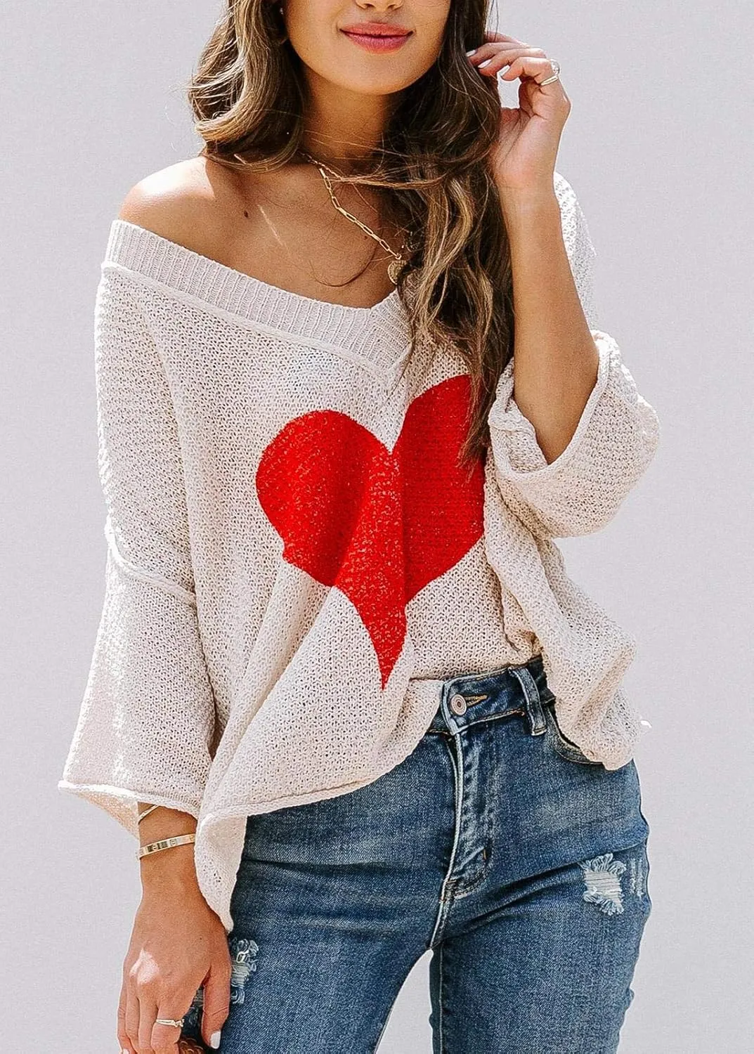 Ermonn Womens Cute Heart Sweater V Neck Crochet Knit Off Shoulder 3/4 Sleeve Pullover Tops Shirts