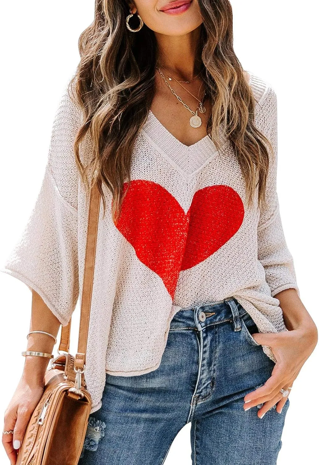Ermonn Womens Cute Heart Sweater V Neck Crochet Knit Off Shoulder 3/4 Sleeve Pullover Tops Shirts
