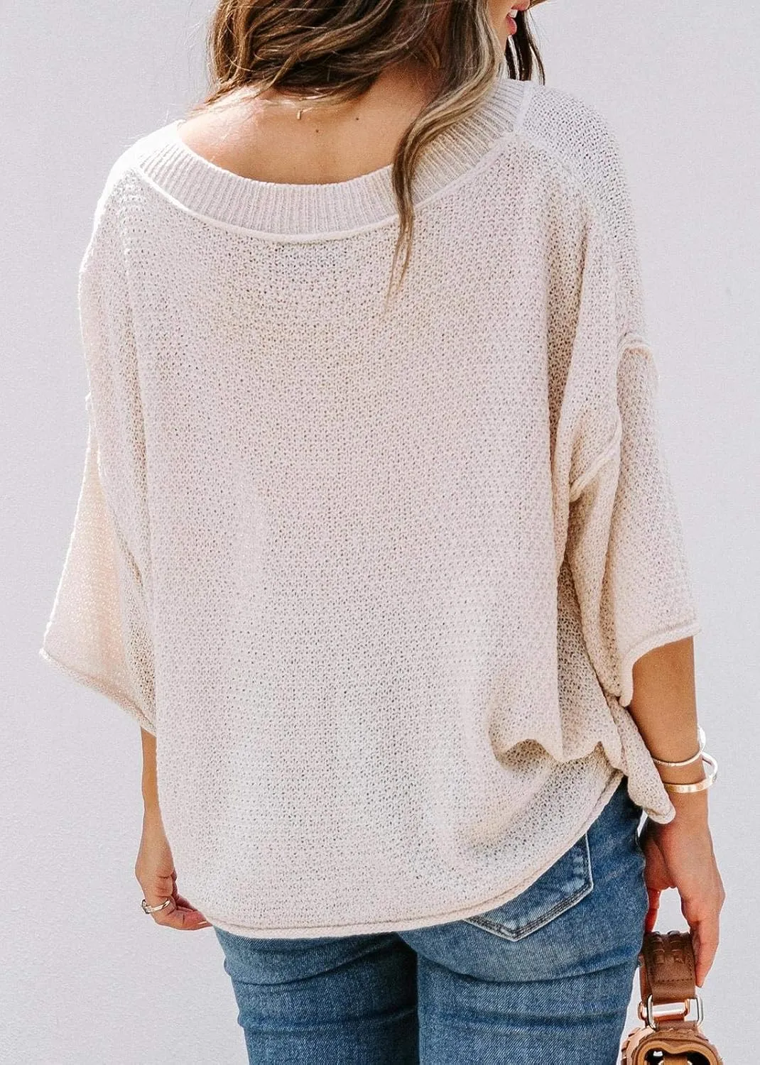 Ermonn Womens Cute Heart Sweater V Neck Crochet Knit Off Shoulder 3/4 Sleeve Pullover Tops Shirts