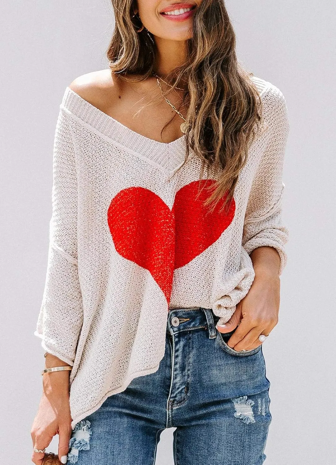Ermonn Womens Cute Heart Sweater V Neck Crochet Knit Off Shoulder 3/4 Sleeve Pullover Tops Shirts