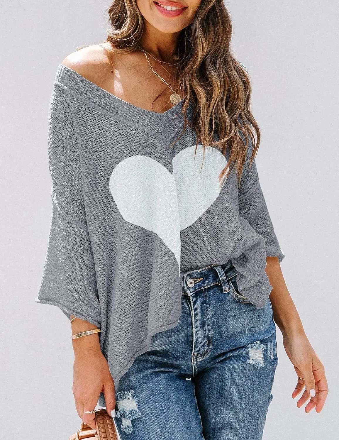 Ermonn Womens Cute Heart Sweater V Neck Crochet Knit Off Shoulder 3/4 Sleeve Pullover Tops Shirts