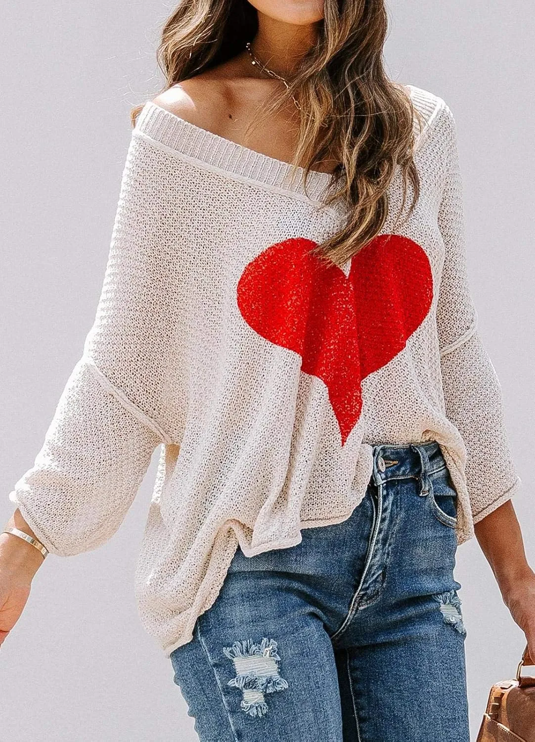 Ermonn Womens Cute Heart Sweater V Neck Crochet Knit Off Shoulder 3/4 Sleeve Pullover Tops Shirts