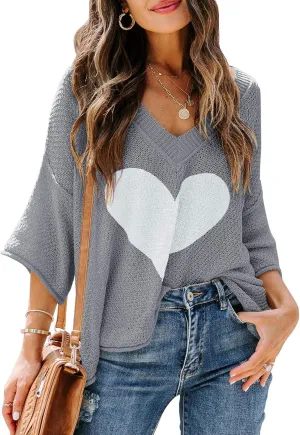 Ermonn Womens Cute Heart Sweater V Neck Crochet Knit Off Shoulder 3/4 Sleeve Pullover Tops Shirts