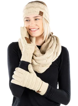 Funky Junque Cable Knit Headwrap, Glove & Scarf Bundle: Beige