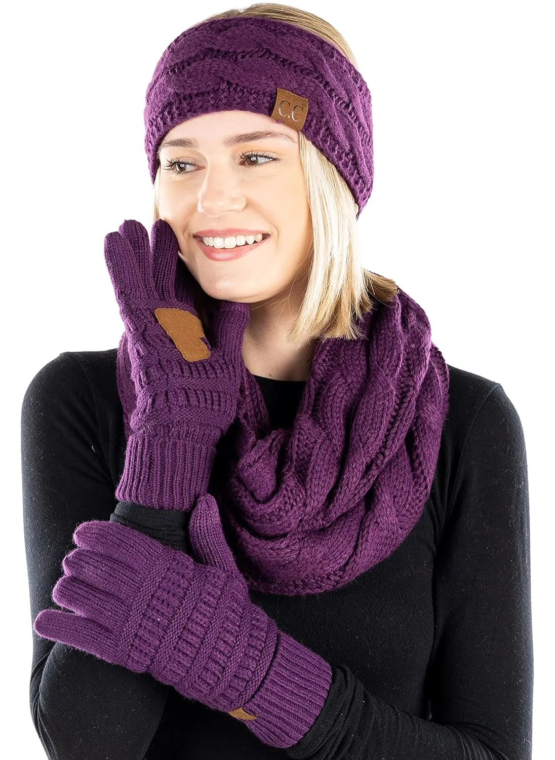 Funky Junque Cable Knit Headwrap, Glove & Scarf Bundle: Dark Purple