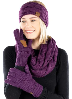 Funky Junque Cable Knit Headwrap, Glove & Scarf Bundle: Dark Purple