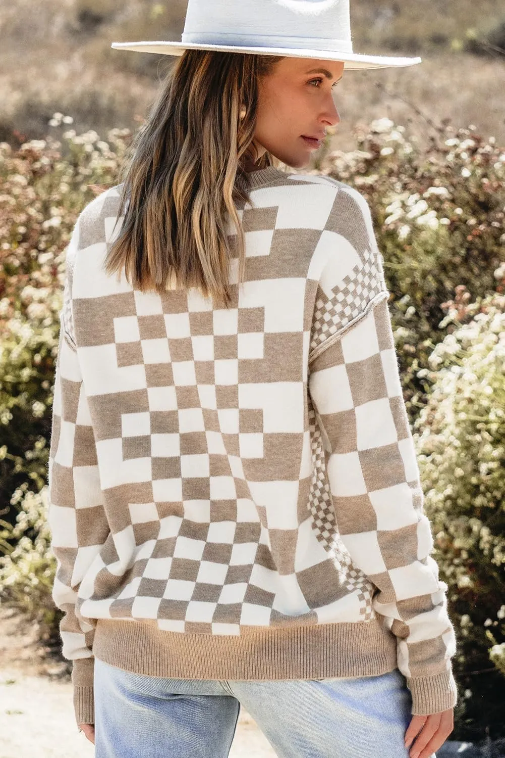 KevaMolly Womens Long Sleeve Sweaters Checkered Print Drop Shoulder Round Neck Sweater Casual Daily Winter Sweater