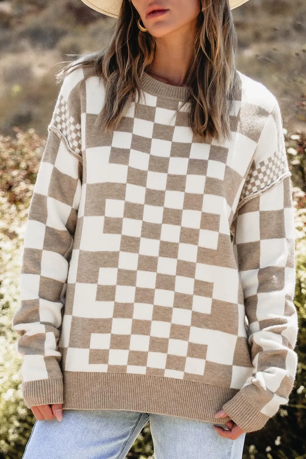 KevaMolly Womens Long Sleeve Sweaters Checkered Print Drop Shoulder Round Neck Sweater Casual Daily Winter Sweater