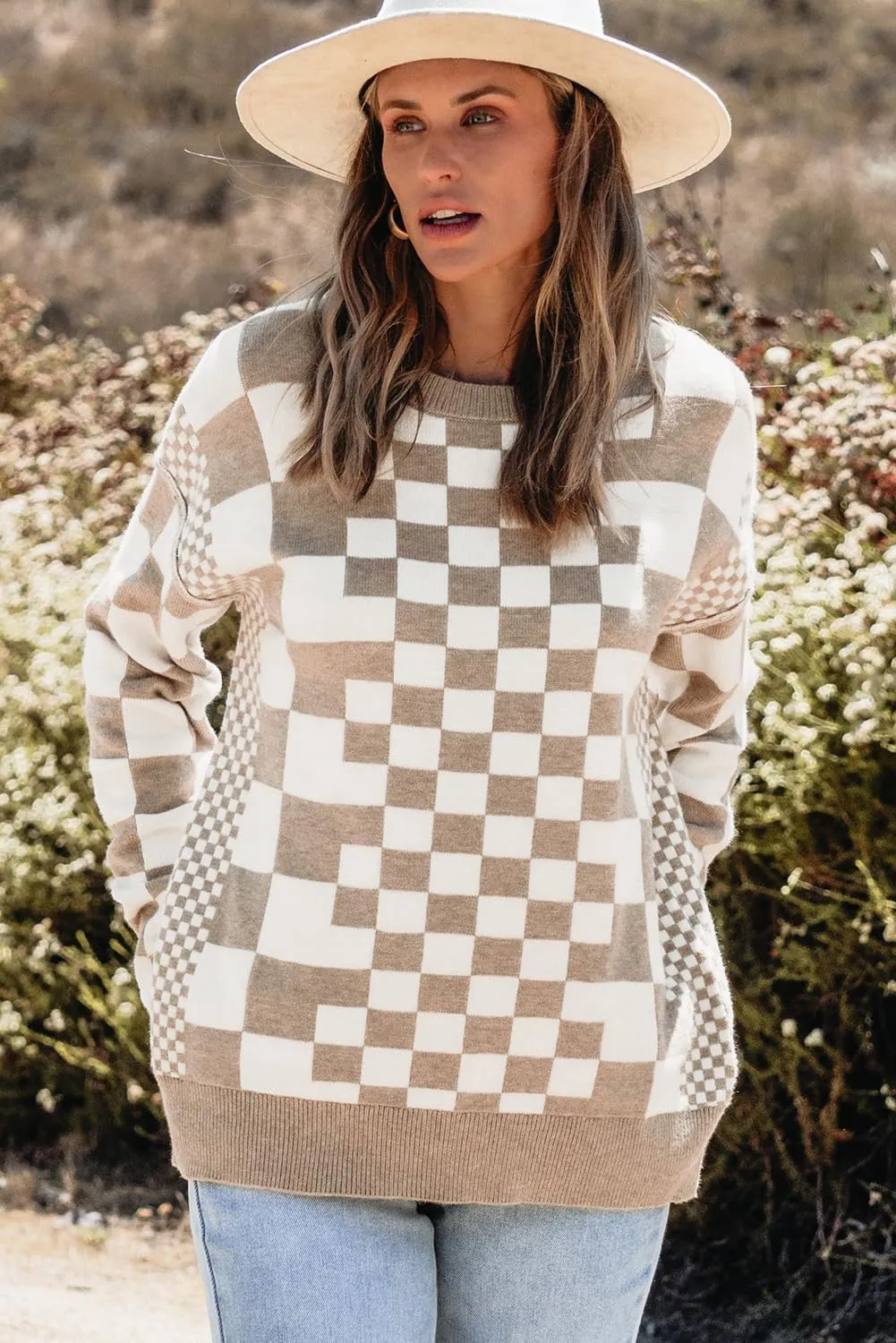 KevaMolly Womens Long Sleeve Sweaters Checkered Print Drop Shoulder Round Neck Sweater Casual Daily Winter Sweater