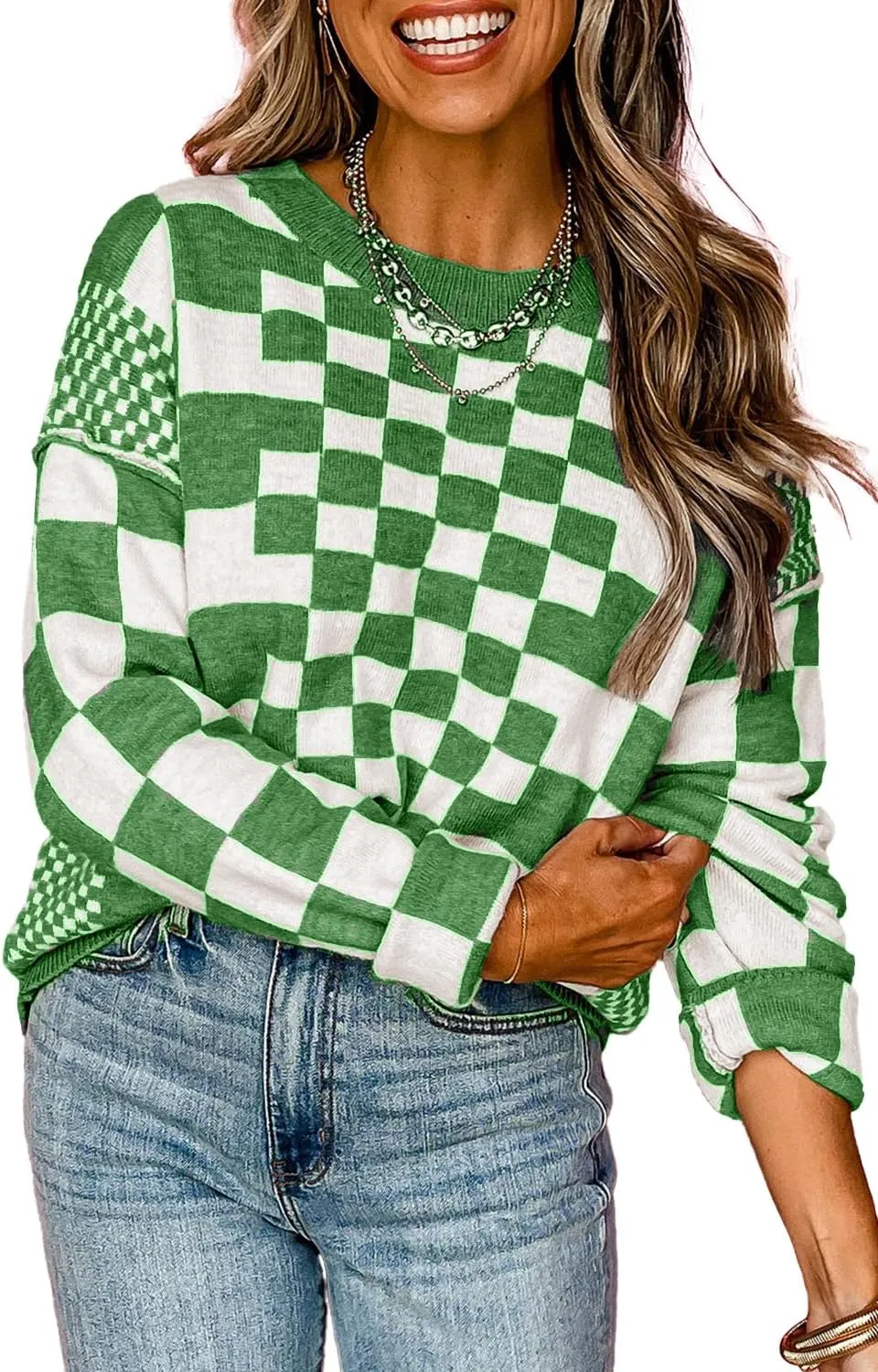 KevaMolly Womens Long Sleeve Sweaters Checkered Print Drop Shoulder Round Neck Sweater Casual Daily Winter Sweater
