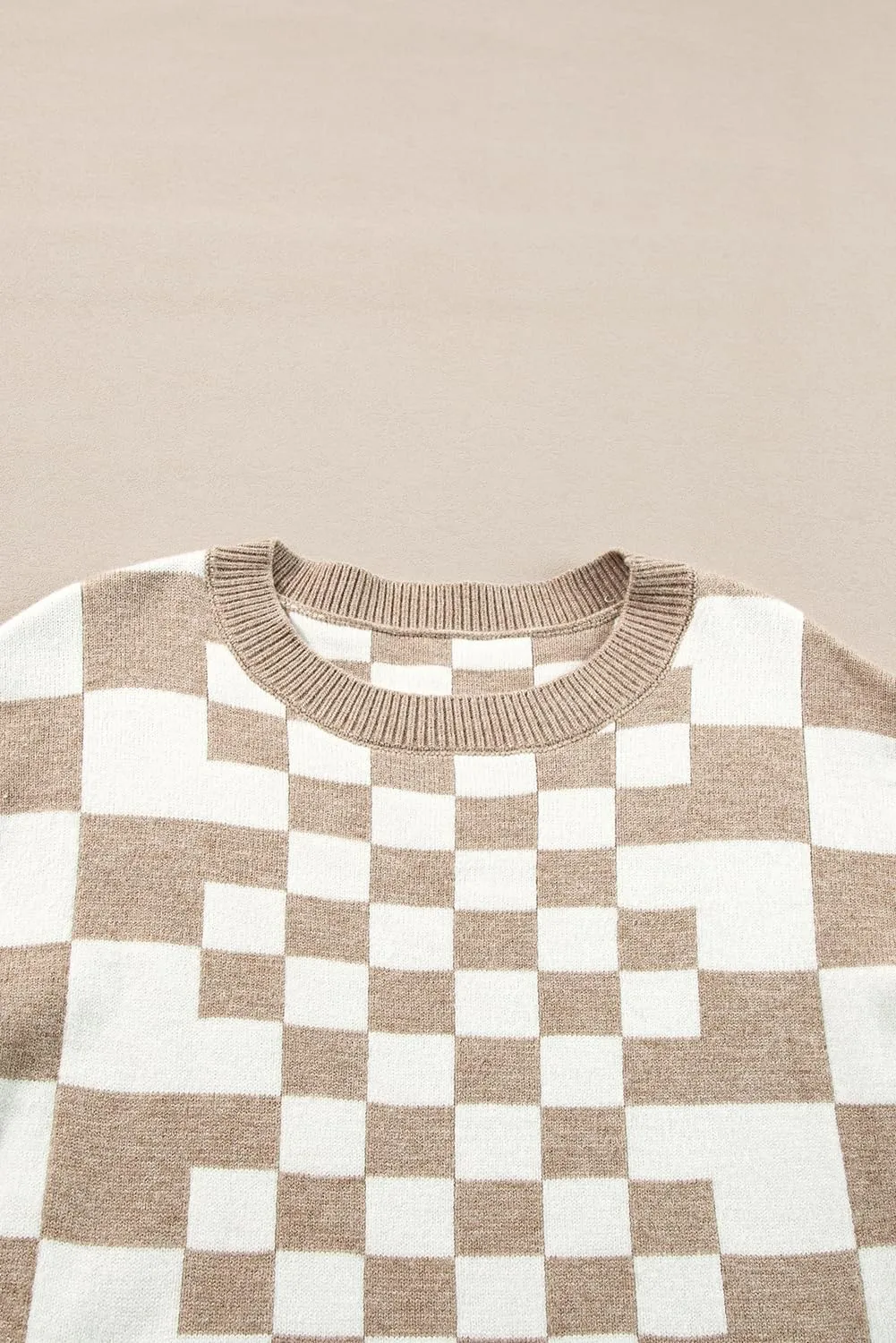 KevaMolly Womens Long Sleeve Sweaters Checkered Print Drop Shoulder Round Neck Sweater Casual Daily Winter Sweater