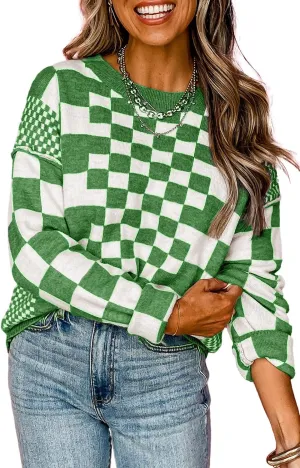 KevaMolly Womens Long Sleeve Sweaters Checkered Print Drop Shoulder Round Neck Sweater Casual Daily Winter Sweater