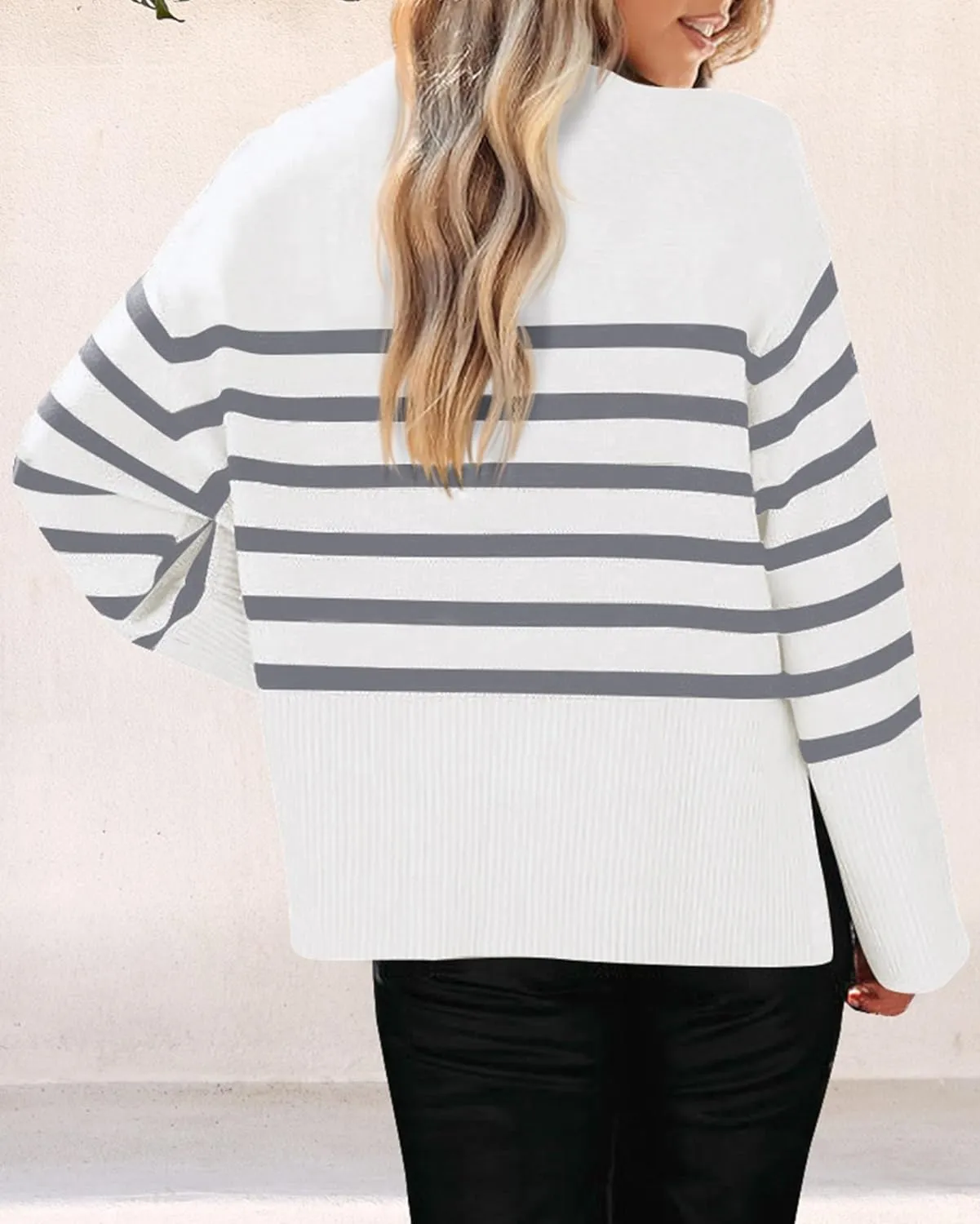 KIRUNDO Women's Striped Knit Oversized Fall Sweaters 2025 Trendy Clothes Crewneck Winter Pullover Sweater Side Split
