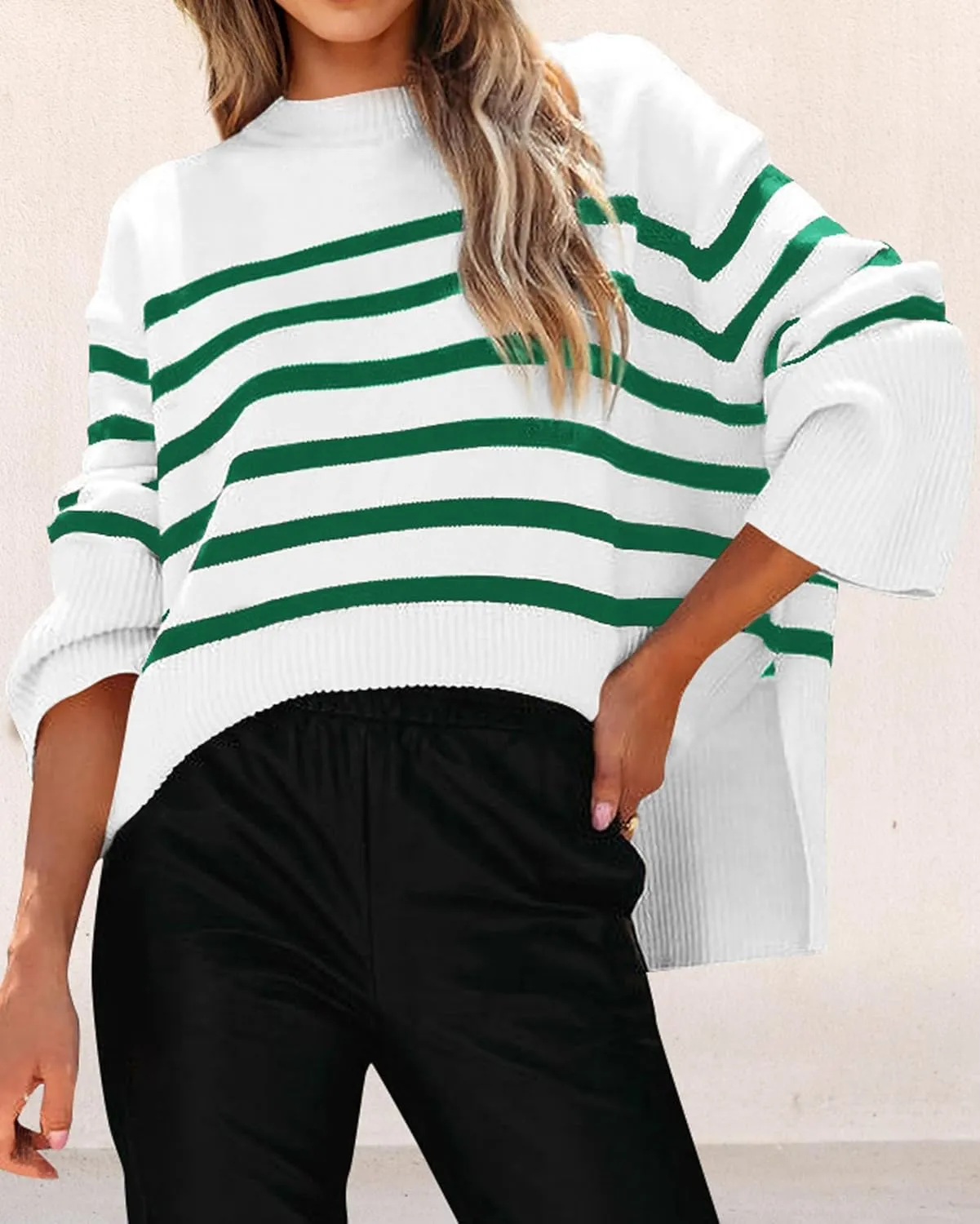 KIRUNDO Women's Striped Knit Oversized Fall Sweaters 2025 Trendy Clothes Crewneck Winter Pullover Sweater Side Split
